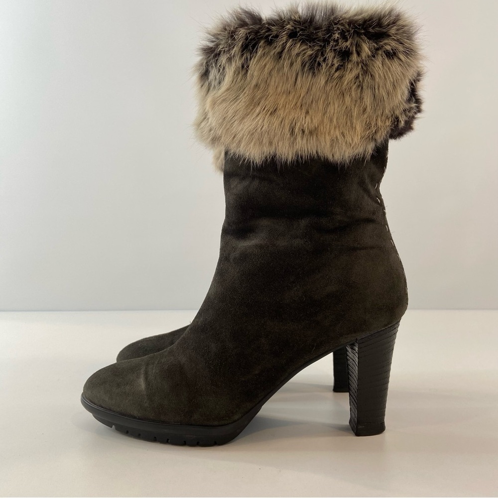 Aquatalia brown heeled boots Brown suede leather rabbit fur top almond toe size8
